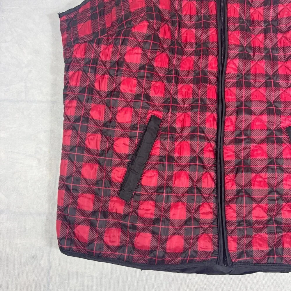 Karen Scott Sport‎ Quilted Puffer Vest Womens Red Black Buffalo Plaid Size 2X